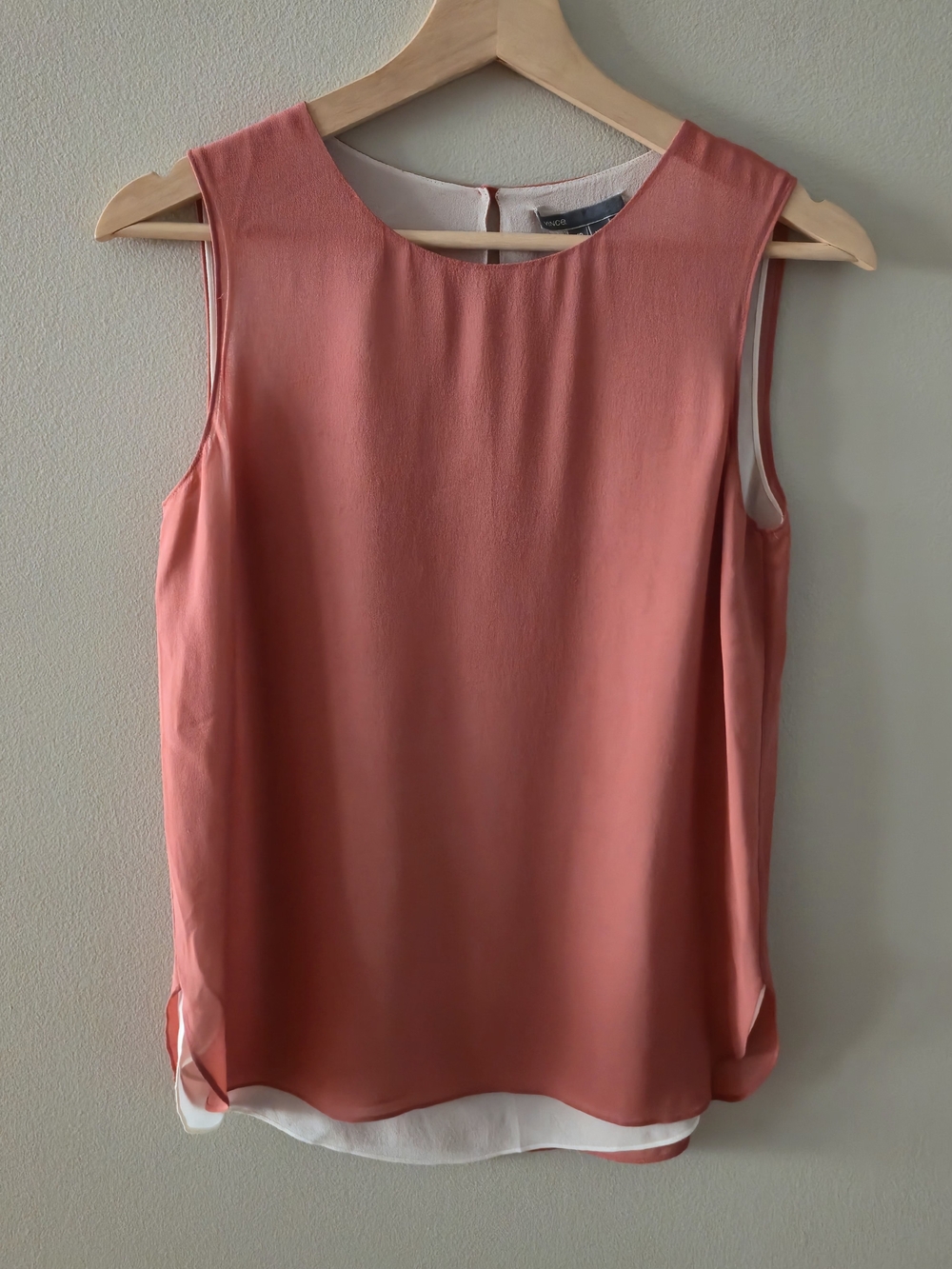VINCE Scoop Neck Double-Layer Tank Top Salmon Pink 100% Silk